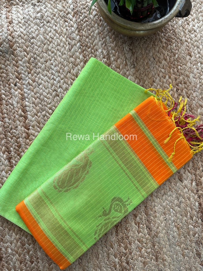 Maheshwari Parrot Green-Orange Motifs Top-Dupatta Set MS040