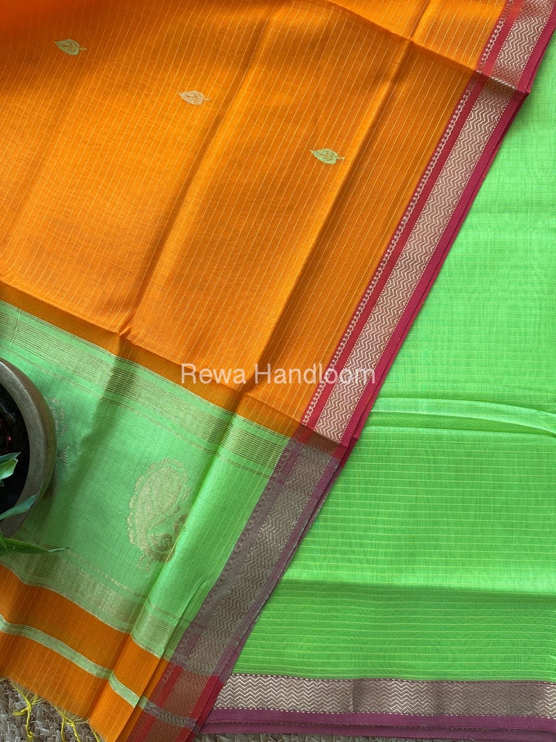 Maheshwari Parrot Green-Orange Motifs Top-Dupatta Set MS040