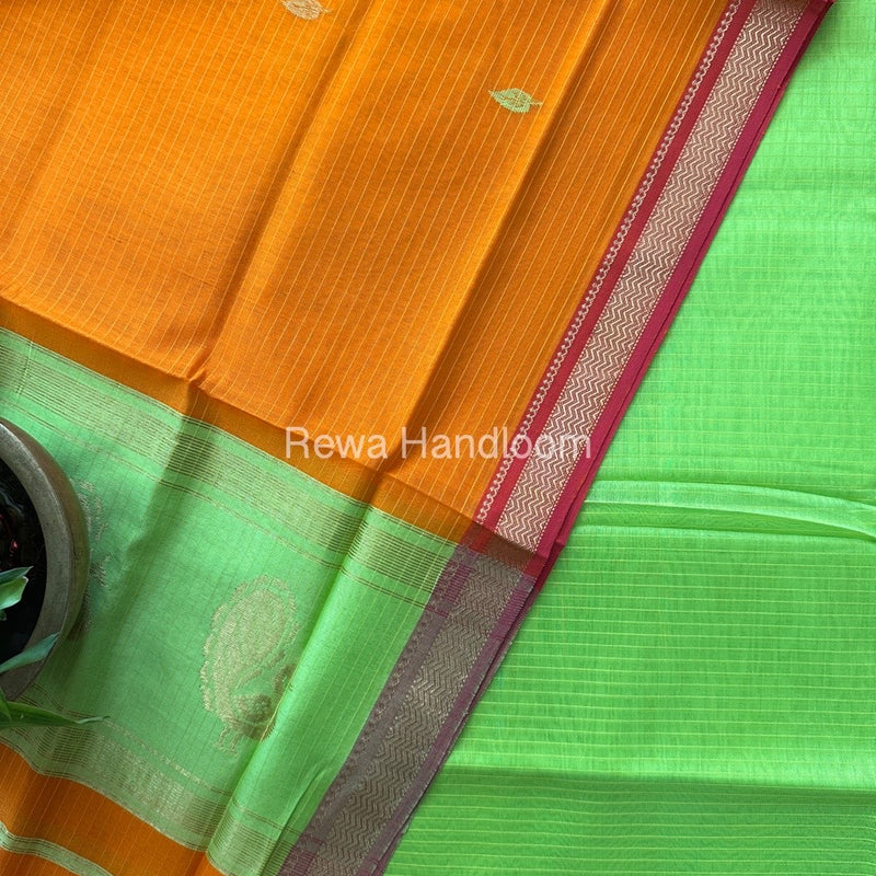 Maheshwari Parrot Green-Orange Motifs Top-Dupatta Set MS040