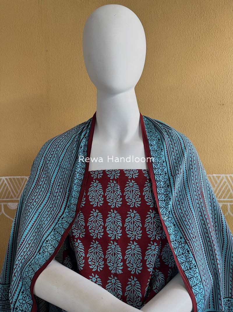 Maroon-Sky Blue Bagh Print Cotton Suit BGCSJ0148