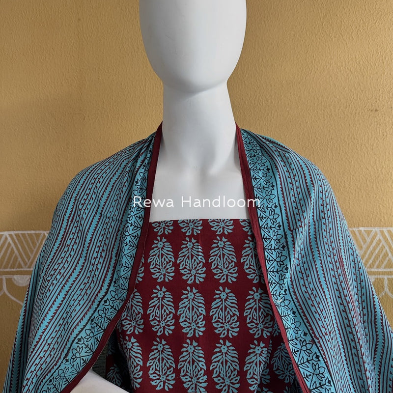 Maroon-Sky Blue Bagh Print Cotton Suit BGCSJ0148