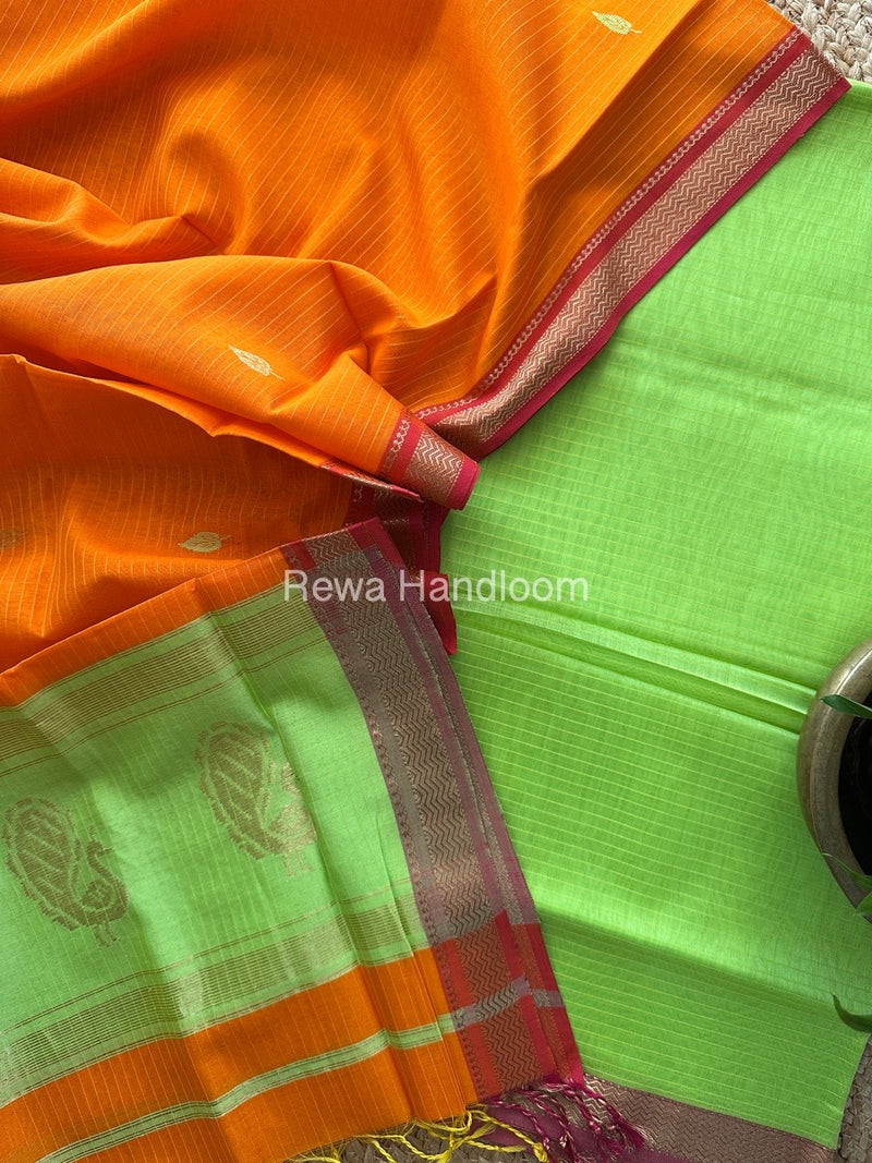 Maheshwari Parrot Green-Orange Motifs Top-Dupatta Set MS040