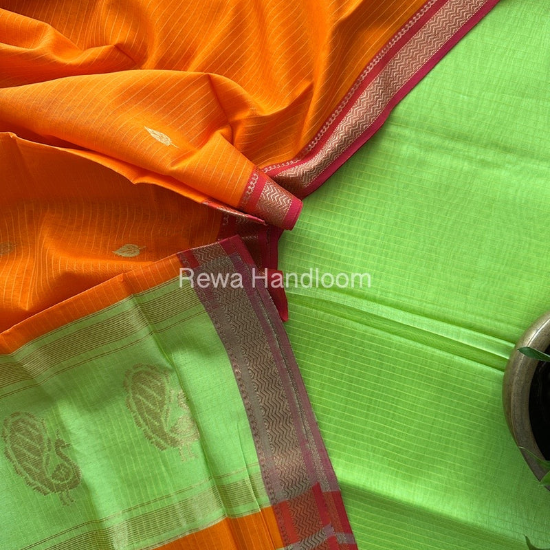 Maheshwari Parrot Green-Orange Motifs Top-Dupatta Set MS040