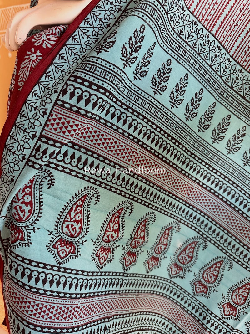 Maroon-Sky Blue Bagh Print Cotton Suit BGCSJ0148