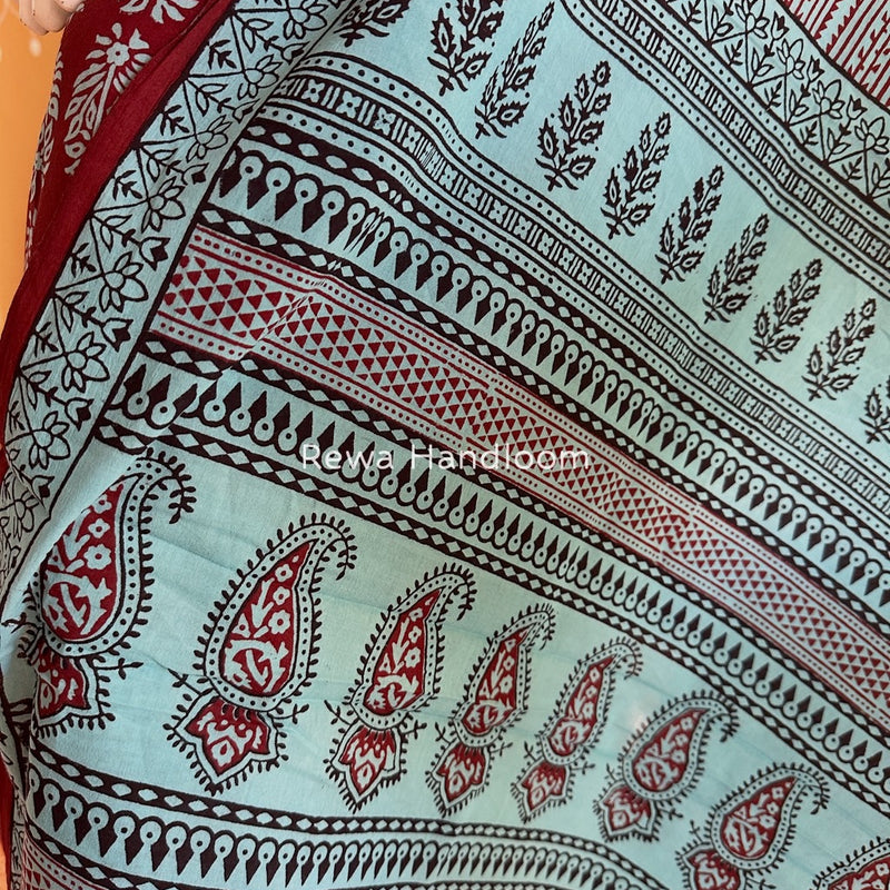 Maroon-Sky Blue Bagh Print Cotton Suit BGCSJ0148