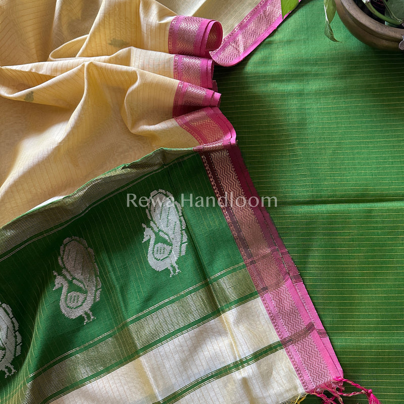 Maheshwari Green-Yellow Peacock Buta-Buti Top-Dupatta Set BTP025