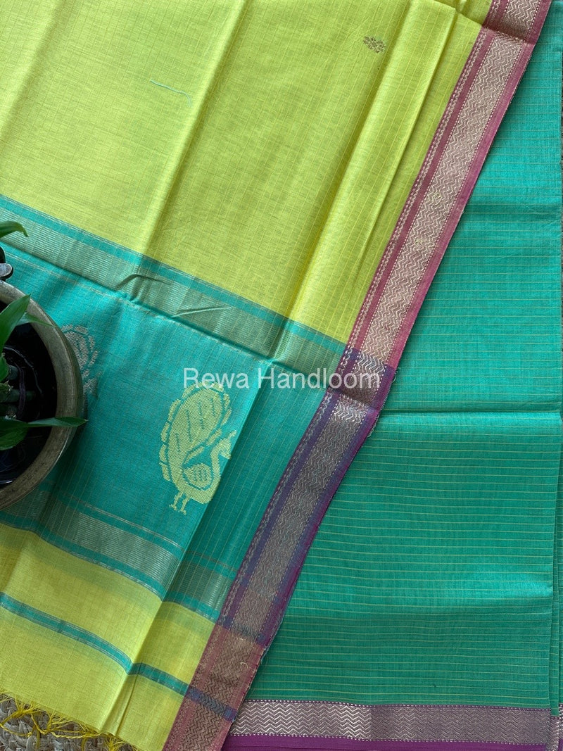 Maheshwari Parrot Green-Yellow Peacock Buta-Buti Top-Dupatta Set MS054