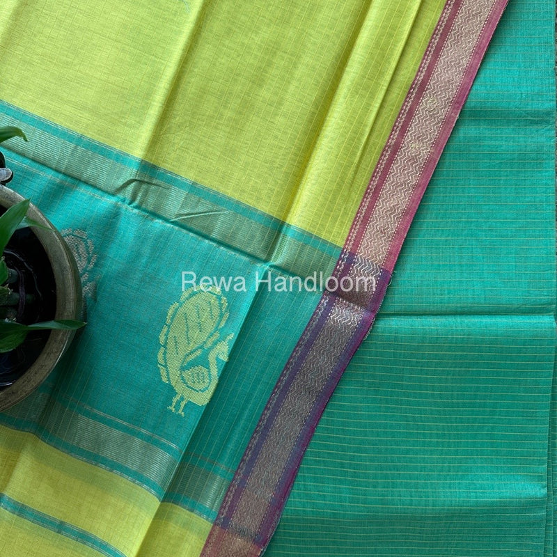 Maheshwari Parrot Green-Yellow Peacock Buta-Buti Top-Dupatta Set MS054