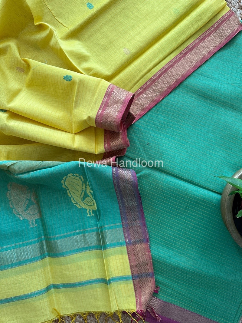 Maheshwari Parrot Green-Yellow Peacock Buta-Buti Top-Dupatta Set MS054