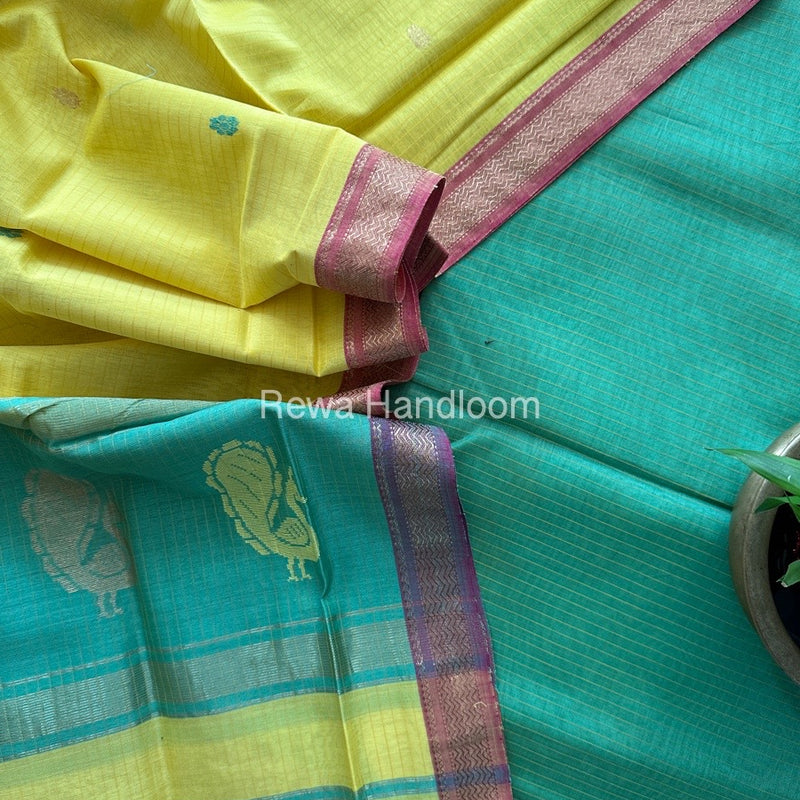 Maheshwari Parrot Green-Yellow Peacock Buta-Buti Top-Dupatta Set MS054