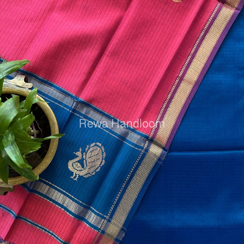 Maheshwari Teal Blue-Fuchsia pink Motifs Top-Dupatta Set MS013