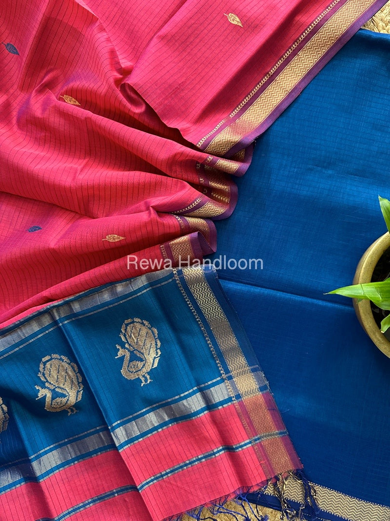 Maheshwari Teal Blue-Fuchsia pink Motifs Top-Dupatta Set MS013