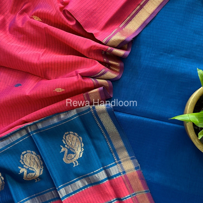 Maheshwari Teal Blue-Fuchsia pink Motifs Top-Dupatta Set MS013
