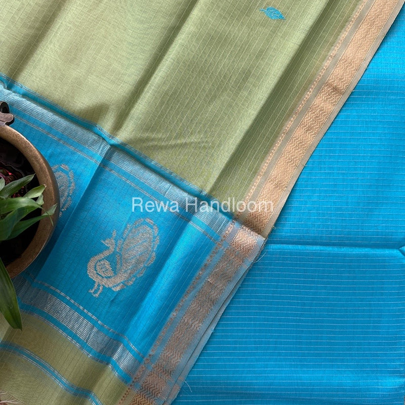 Maheshwari Sky Blue-Pista Green Motifs Top-Dupatta Set MS061