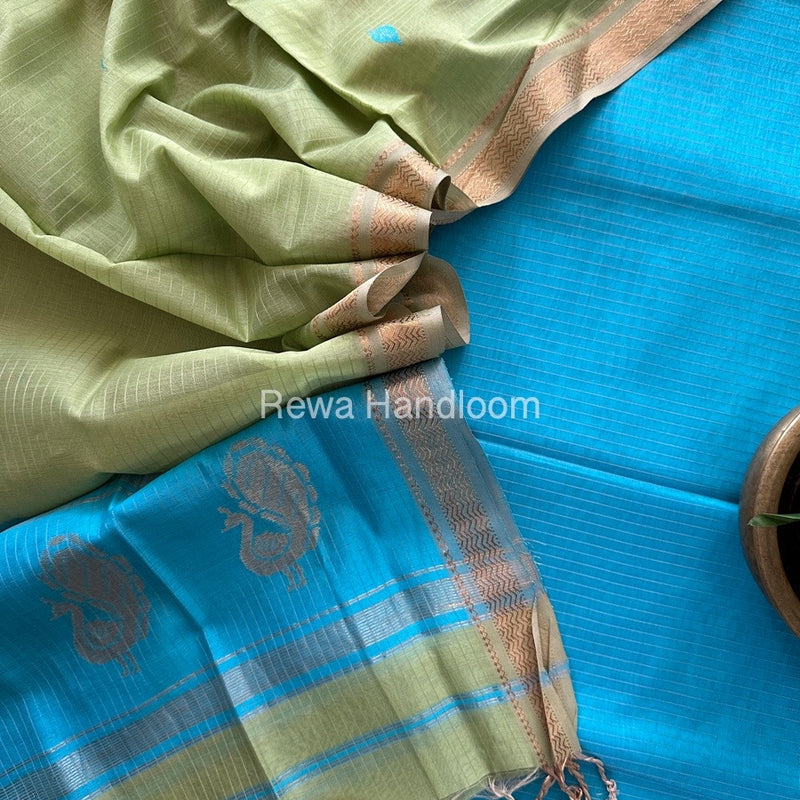 Maheshwari Sky Blue-Pista Green Motifs Top-Dupatta Set MS061