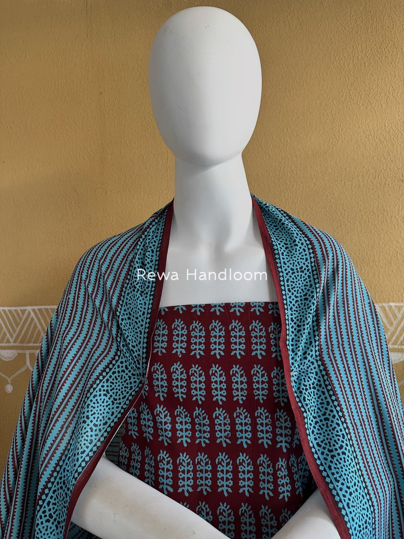Maroon-Sky Blue Bagh Print Cotton Suit BGCSJ0217