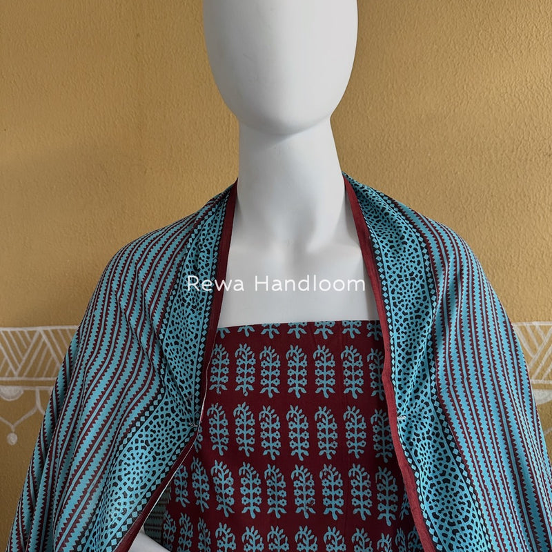Maroon-Sky Blue Bagh Print Cotton Suit BGCSJ0217