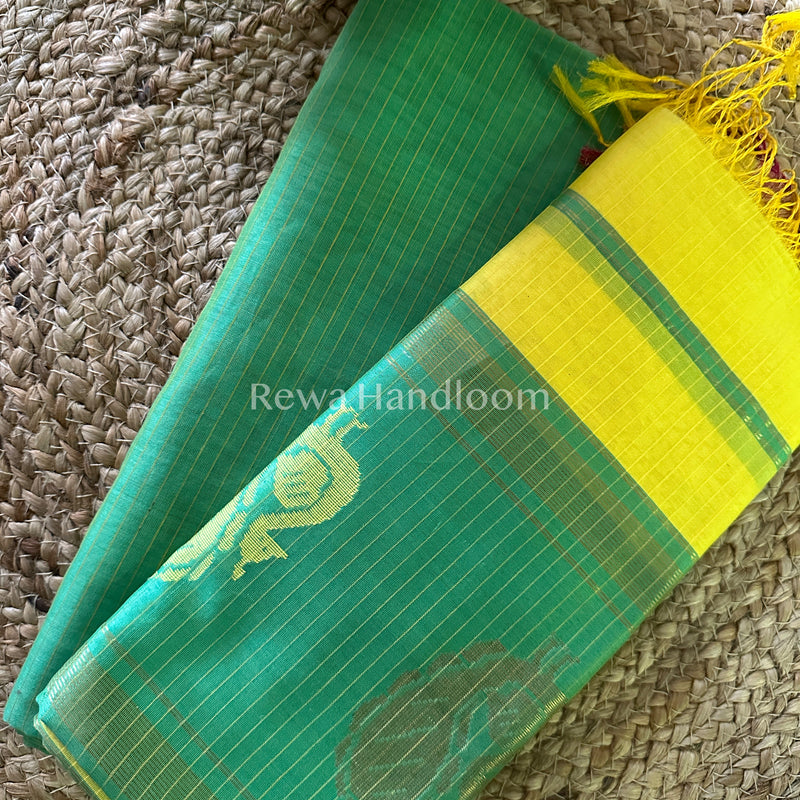 Maheshwari Green-Yellow Peacock Buta-Buti Top-Dupatta Set-BTP031