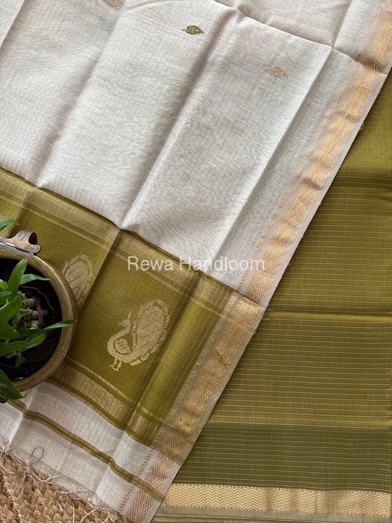 Maheshwari Mehendi Green-White Motifs Top-Dupatta Set MS0141