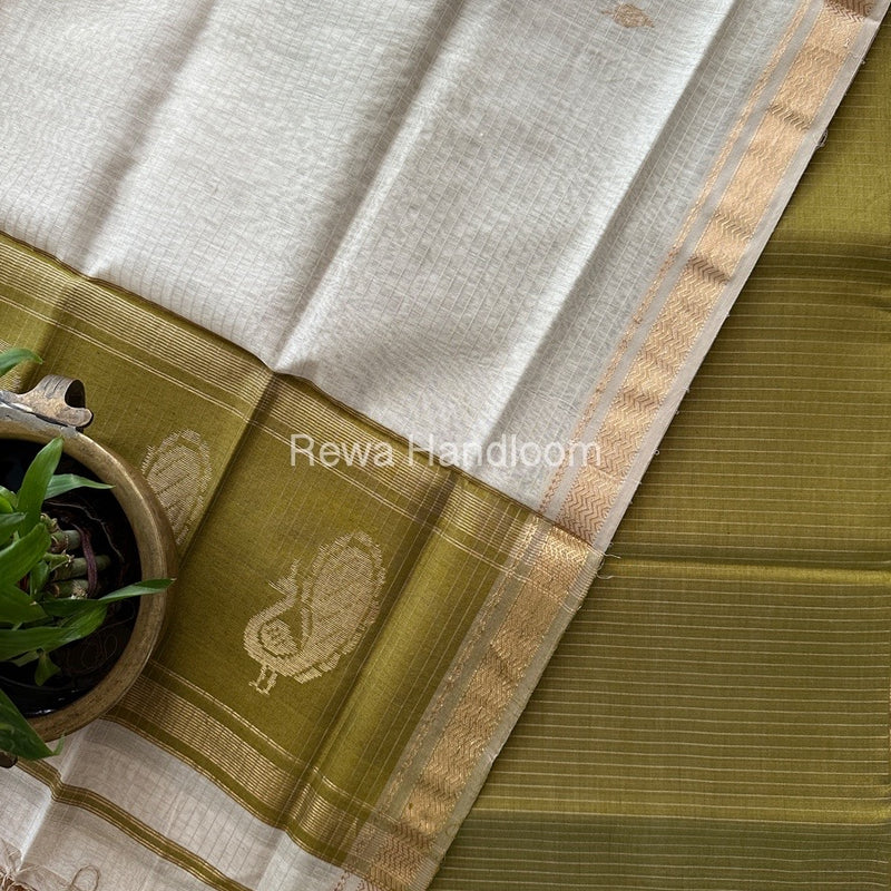 Maheshwari Mehendi Green-White Motifs Top-Dupatta Set MS0141