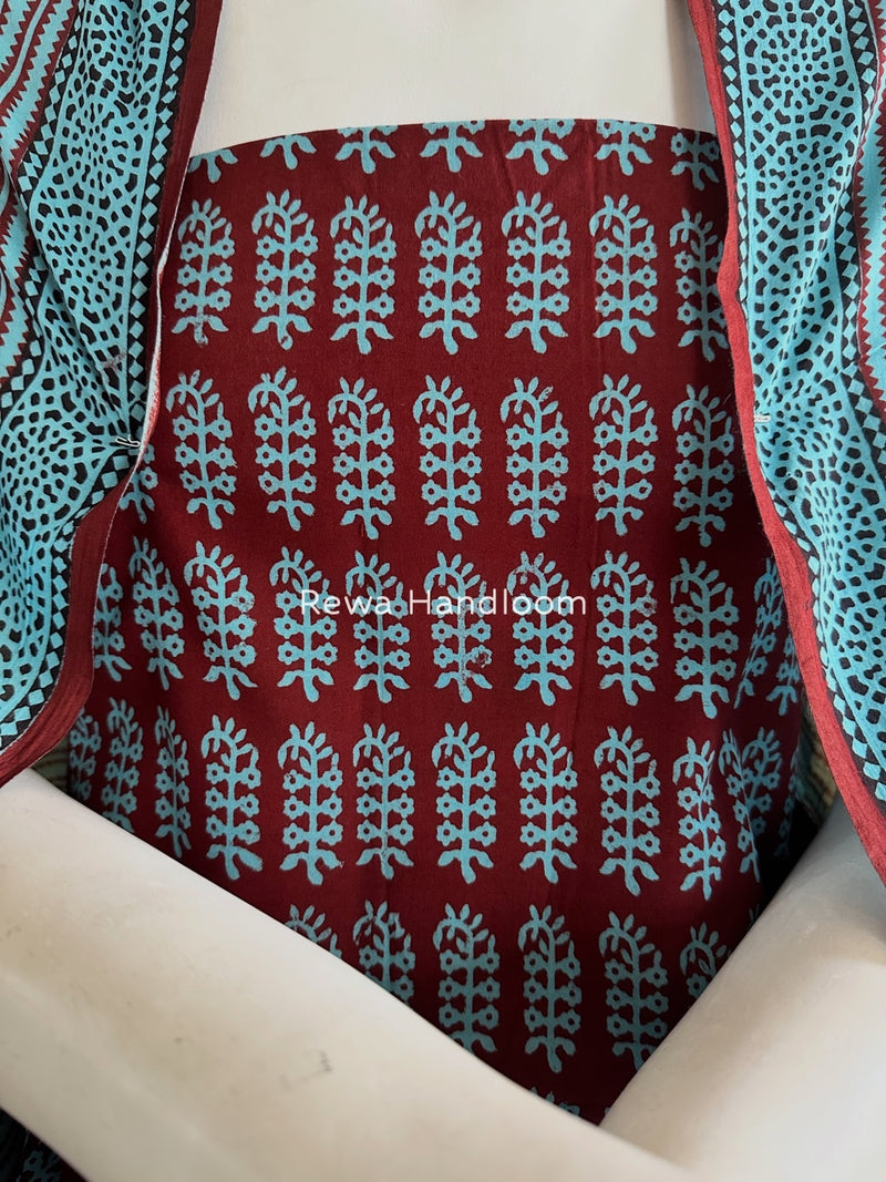 Maroon-Sky Blue Bagh Print Cotton Suit BGCSJ0217