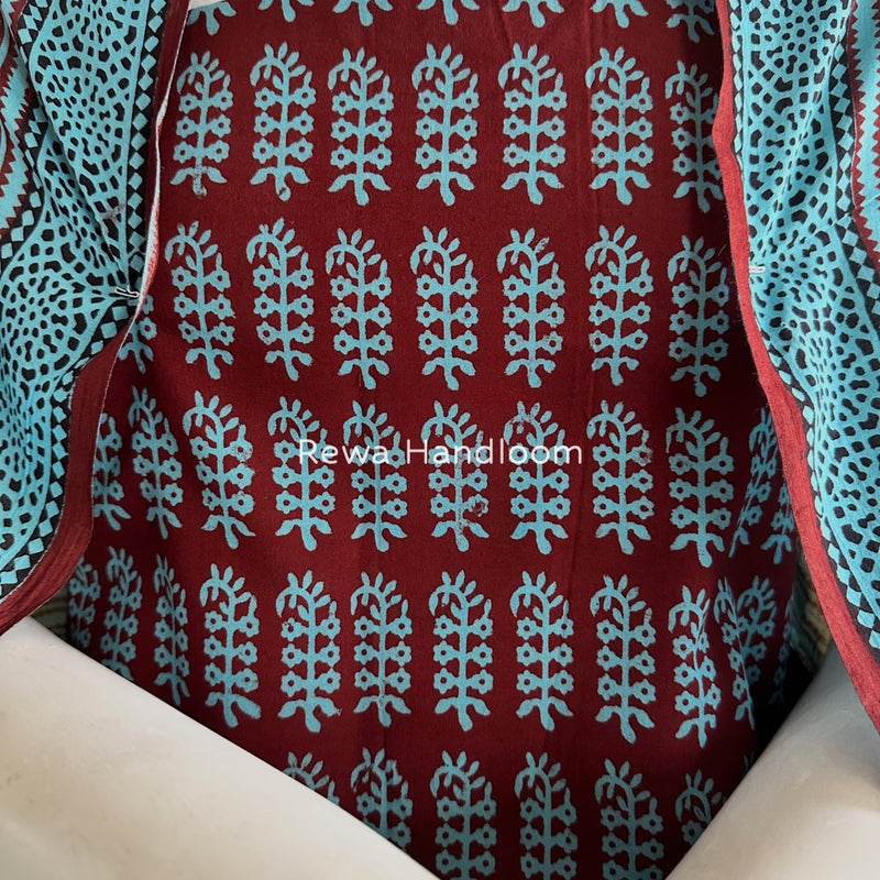 Maroon-Sky Blue Bagh Print Cotton Suit BGCSJ0217