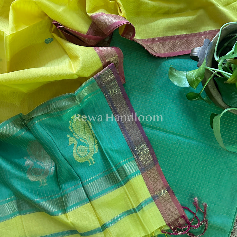 Maheshwari Green-Yellow Peacock Buta-Buti Top-Dupatta Set-BTP031