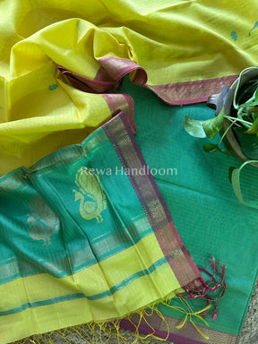 Maheshwari Green-Yellow Peacock Buta-Buti Top-Dupatta Set-BTP031