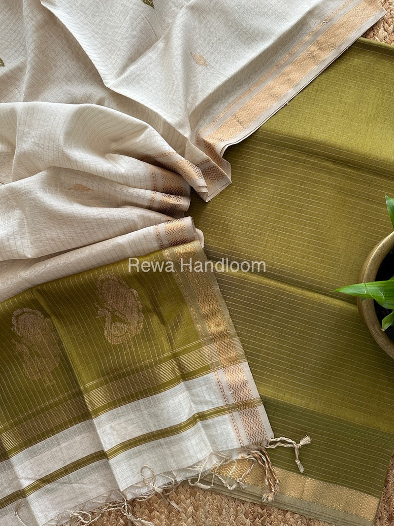 Maheshwari Mehendi Green-White Motifs Top-Dupatta Set MS0141