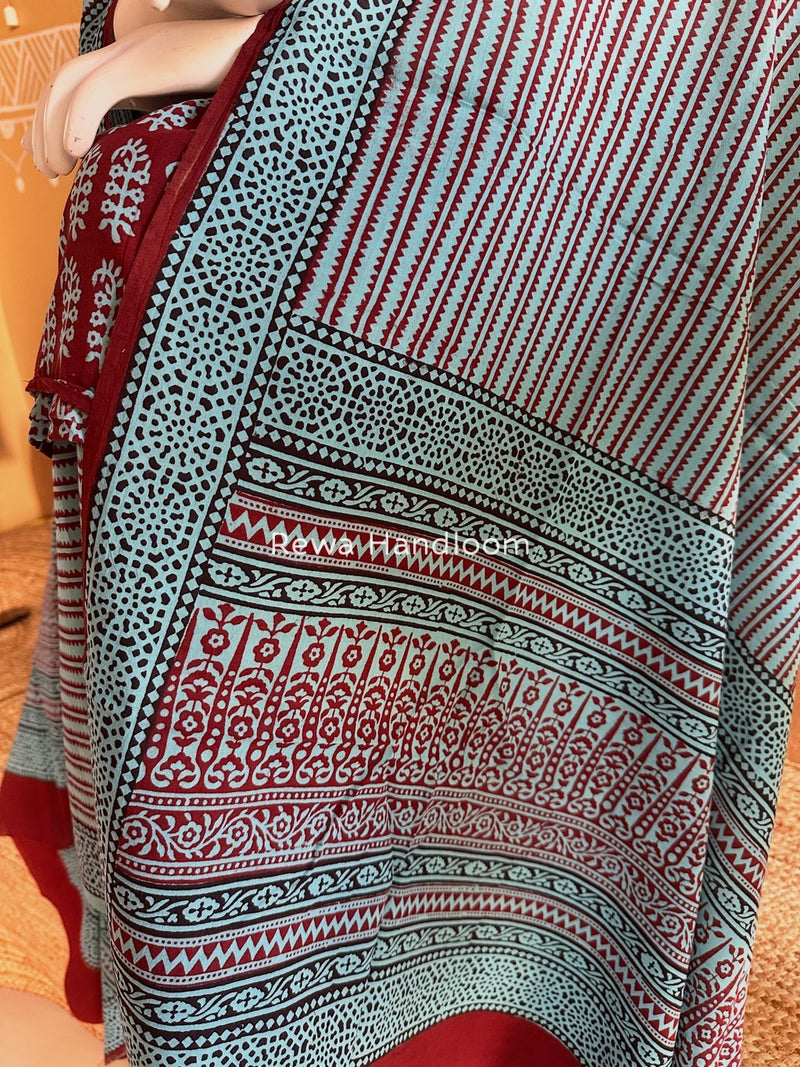 Maroon-Sky Blue Bagh Print Cotton Suit BGCSJ0217