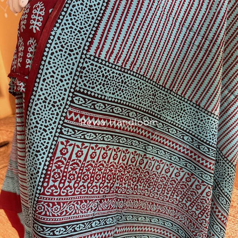 Maroon-Sky Blue Bagh Print Cotton Suit BGCSJ0217