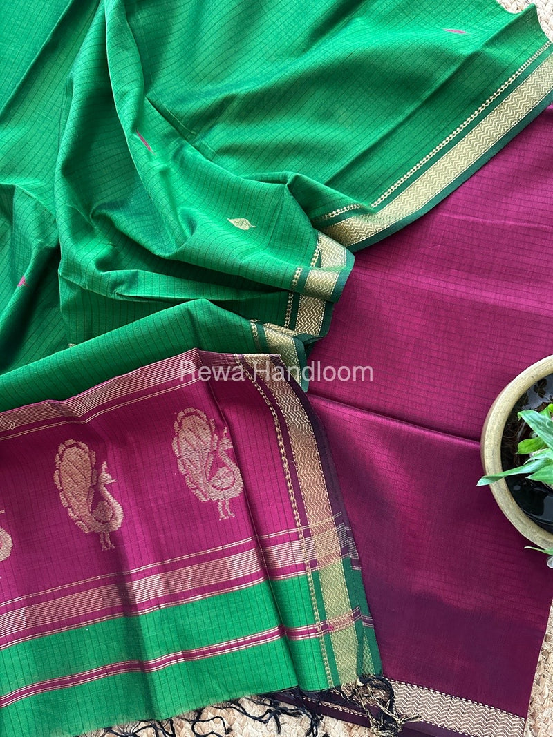 Maheshwari Magenta-Green Peacock Buta-Buti Top-Dupatta Set MS01