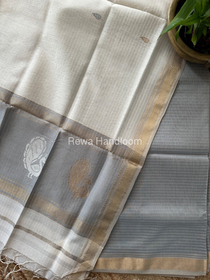 Maheshwari Grey-Off White Peacock Buta-Buti Top-Dupatta Set MS030