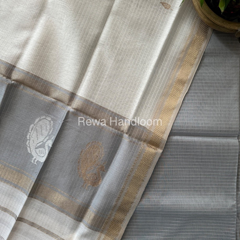 Maheshwari Grey-Off White Peacock Buta-Buti Top-Dupatta Set MS030