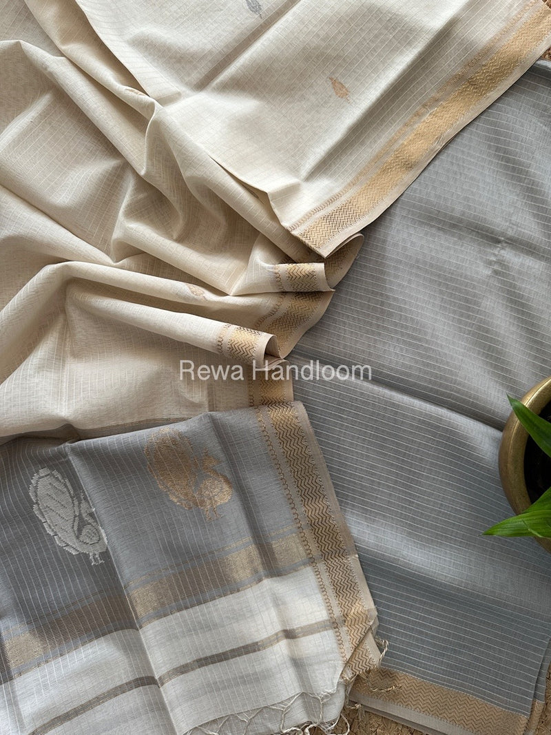 Maheshwari Grey-Off White Peacock Buta-Buti Top-Dupatta Set MS030