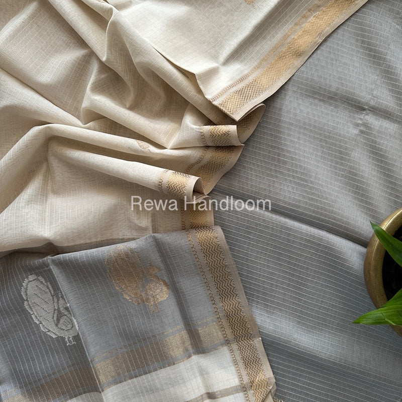 Maheshwari Grey-Off White Peacock Buta-Buti Top-Dupatta Set MS030