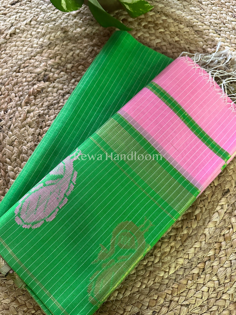 Maheshwari Parrot Green-Pink Peacock Buta-Buti Top-Dupatta Set BTP034