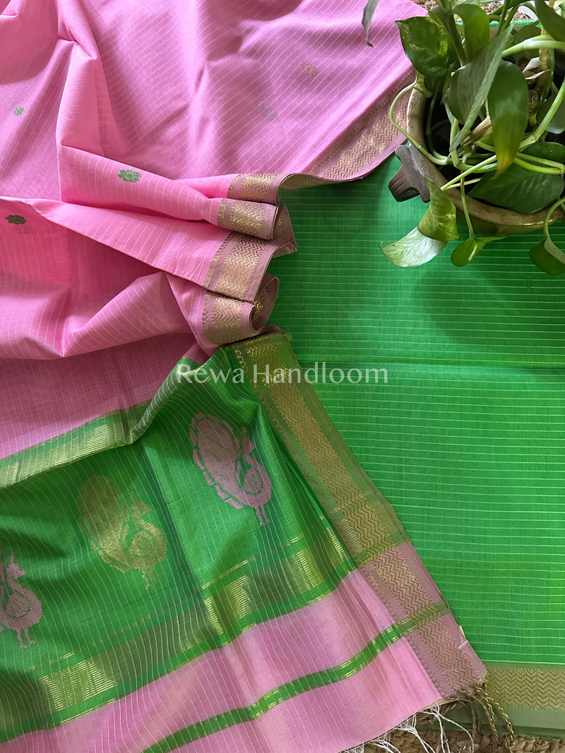 Maheshwari Parrot Green-Pink Peacock Buta-Buti Top-Dupatta Set BTP034