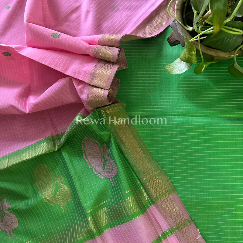 Maheshwari Parrot Green-Pink Peacock Buta-Buti Top-Dupatta Set BTP034