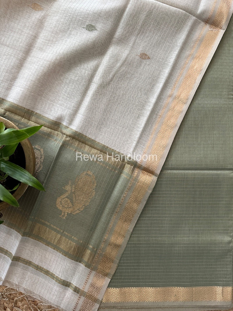 Maheshwari Teal Green-White Motifs Top-Dupatta Set MS034