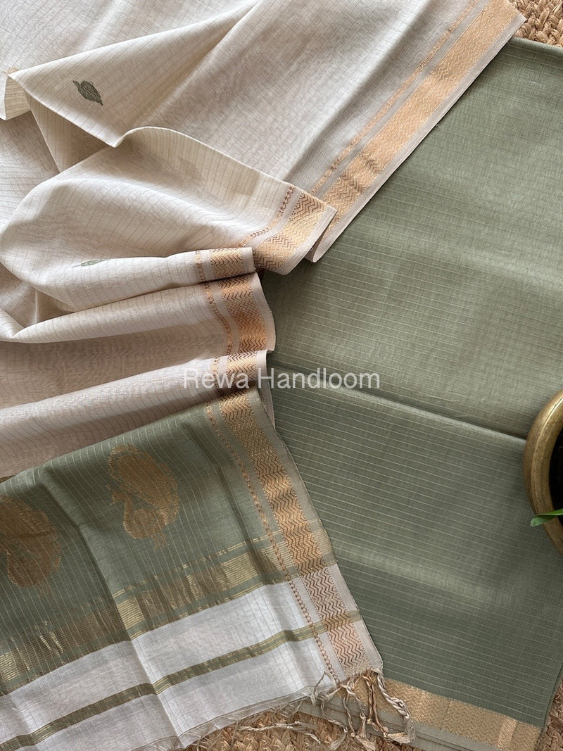 Maheshwari Teal Green-White Motifs Top-Dupatta Set MS034