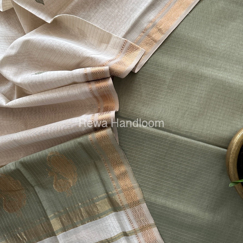 Maheshwari Teal Green-White Motifs Top-Dupatta Set MS034