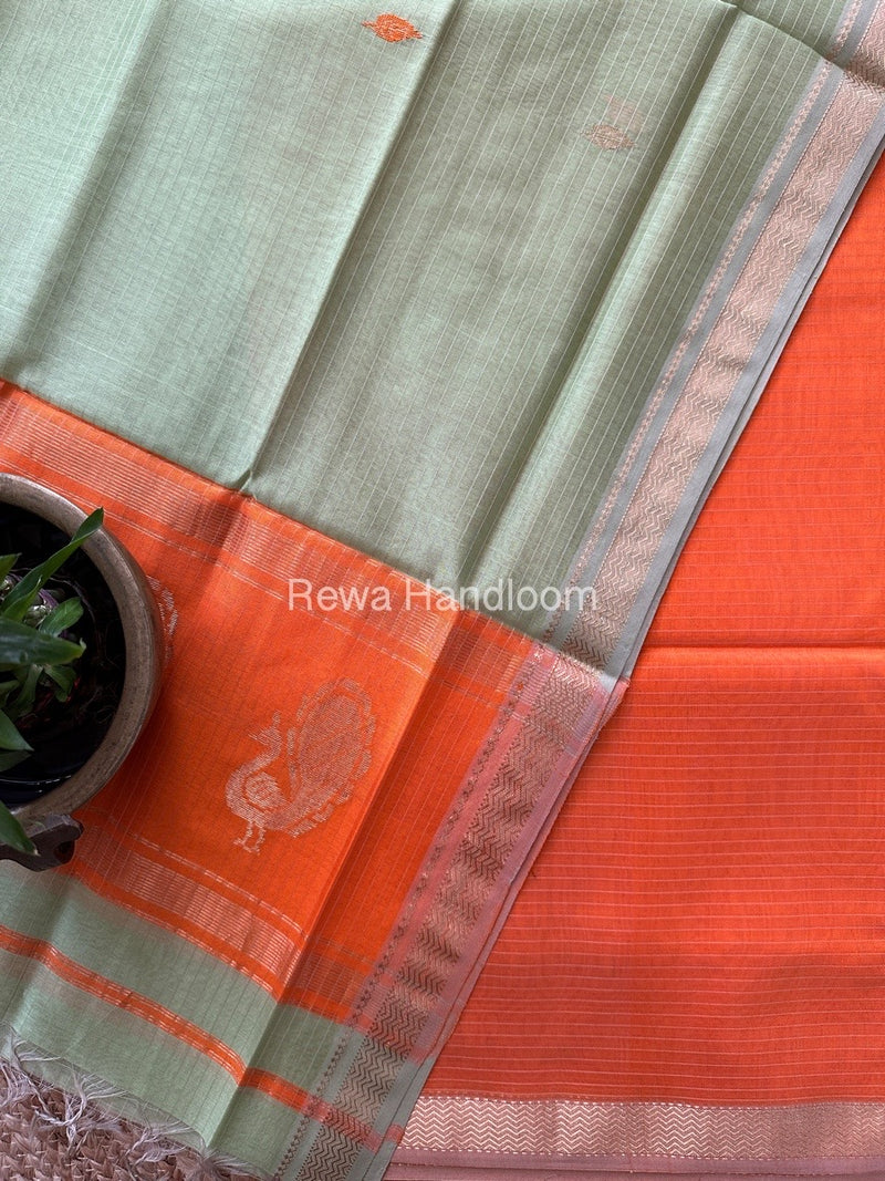 Maheshwari Orange-Pista Green Motifs Top-Dupatta Set MS053