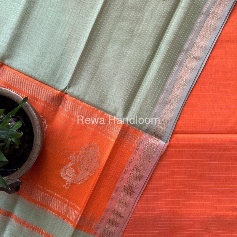 Maheshwari Orange-Pista Green Motifs Top-Dupatta Set MS053