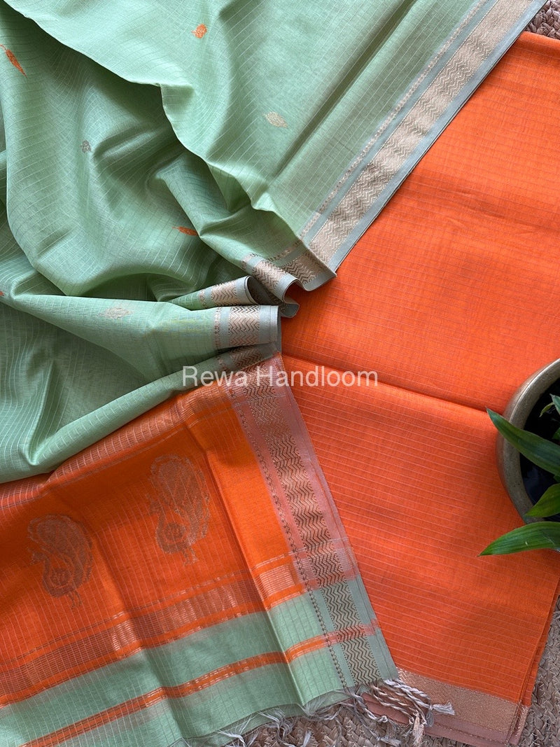 Maheshwari Orange-Pista Green Motifs Top-Dupatta Set MS053