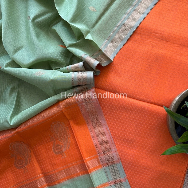 Maheshwari Orange-Pista Green Motifs Top-Dupatta Set MS053