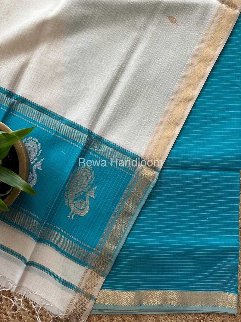 Maheshwari Firozi Blue-White Peacock Buta-Buti Top-Dupatta Set MS043