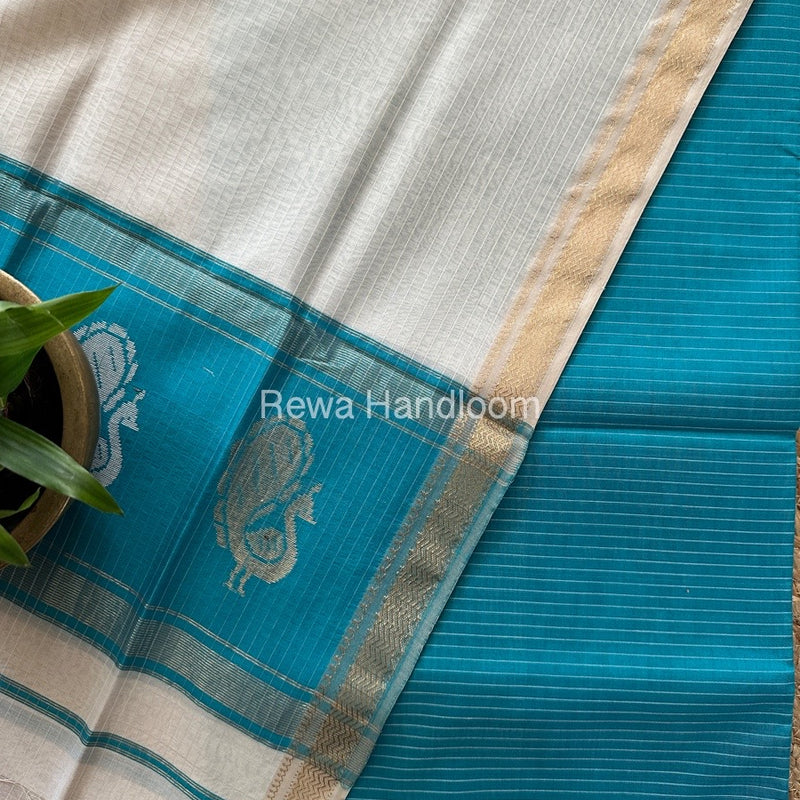 Maheshwari Firozi Blue-White Peacock Buta-Buti Top-Dupatta Set MS043