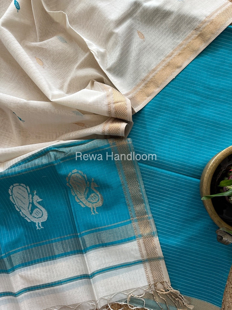 Maheshwari Firozi Blue-White Peacock Buta-Buti Top-Dupatta Set MS043