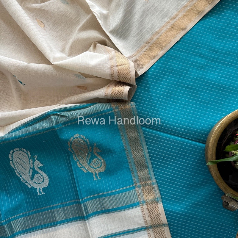 Maheshwari Firozi Blue-White Peacock Buta-Buti Top-Dupatta Set MS043